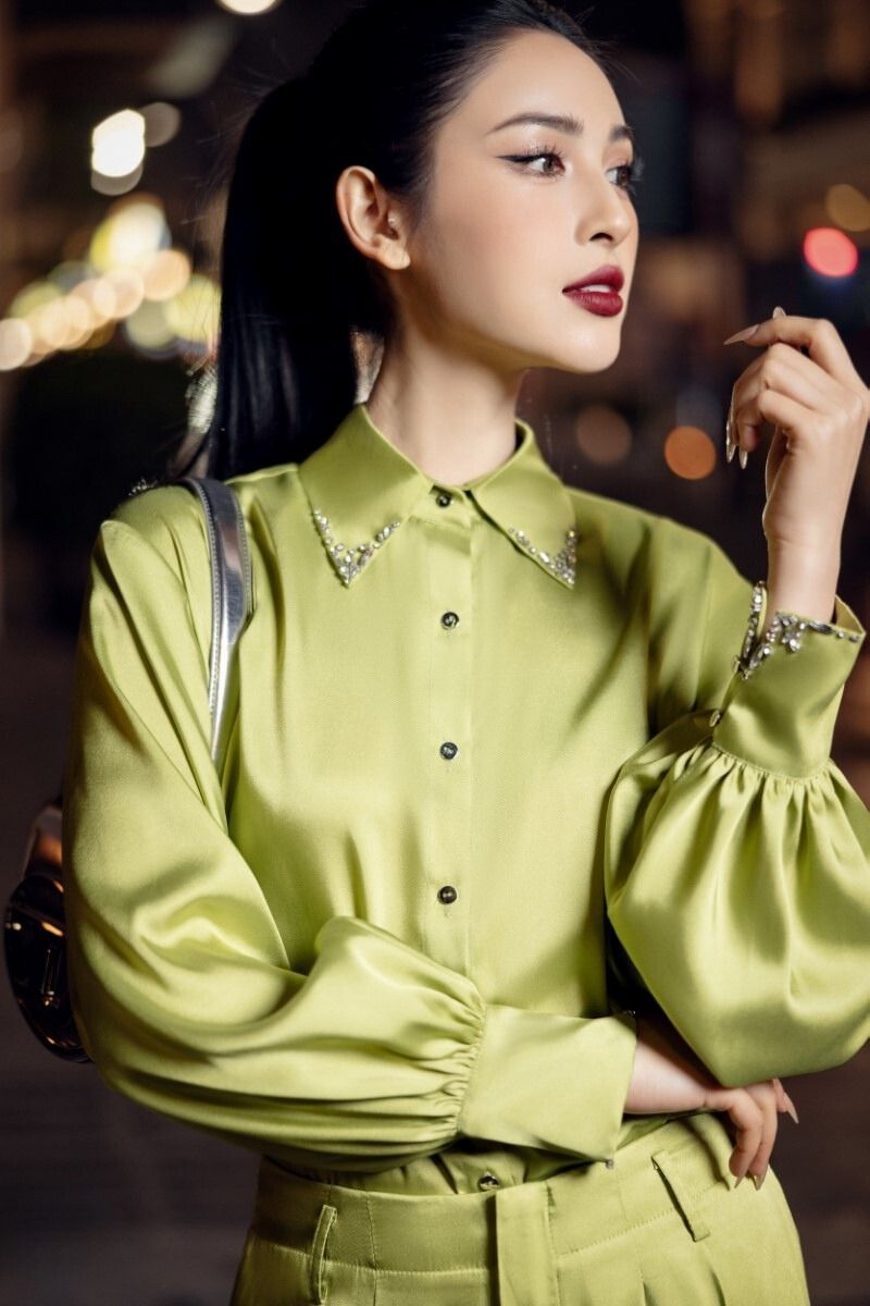 FARAH LIME GREEN SILK SATIN CRYSTAL SHIRT AND PANTS SET