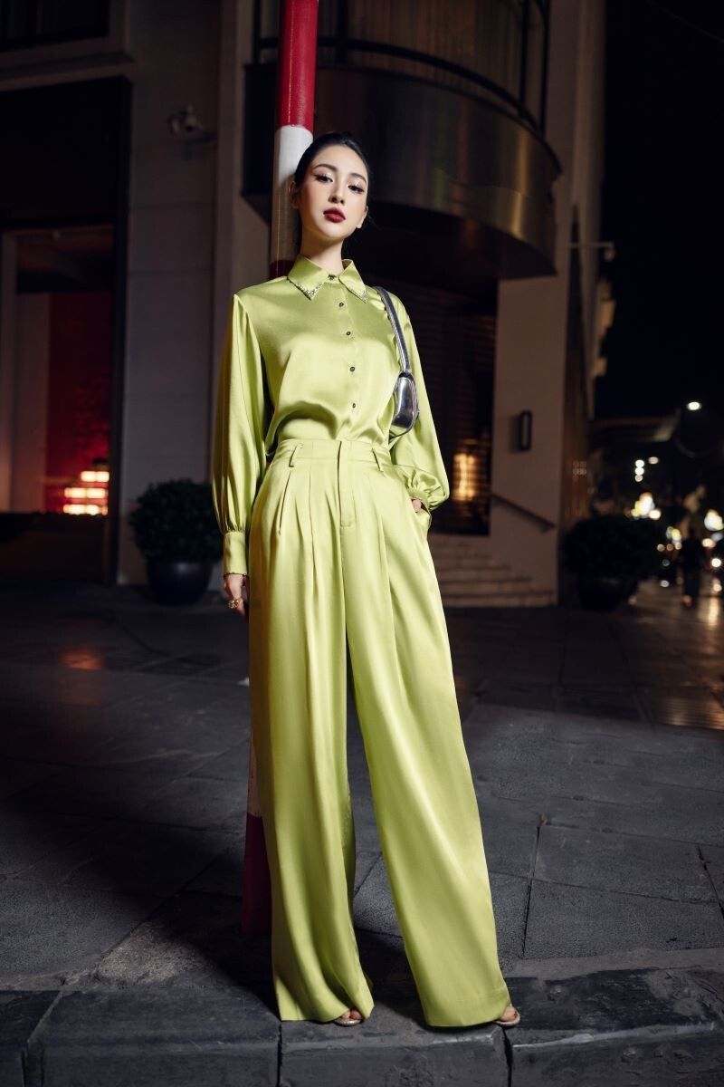 FARAH LIME GREEN SILK SATIN CRYSTAL SHIRT AND PANTS SET