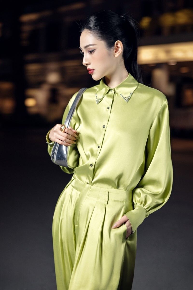 FARAH LIME GREEN SILK SATIN CRYSTAL SHIRT AND PANTS SET