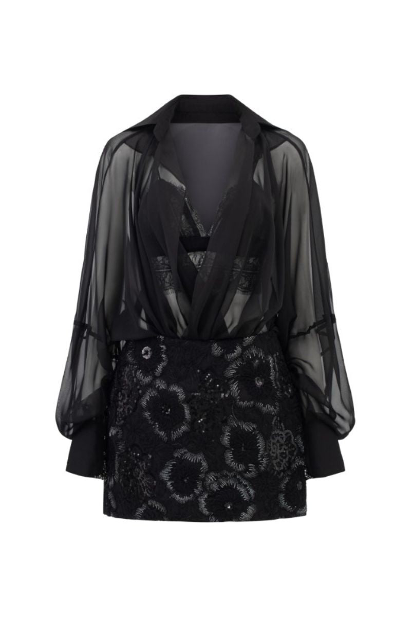 EDANA BLACK SILK PLEATED TOP AND SKIRT SET