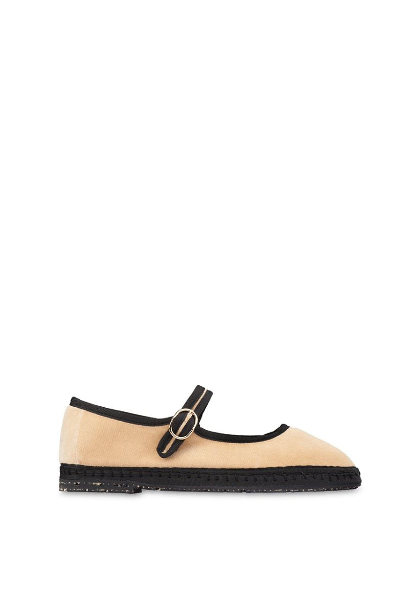 THEODORA MARY JANE VELVET IN BEIGE WITH BLACK PIPING