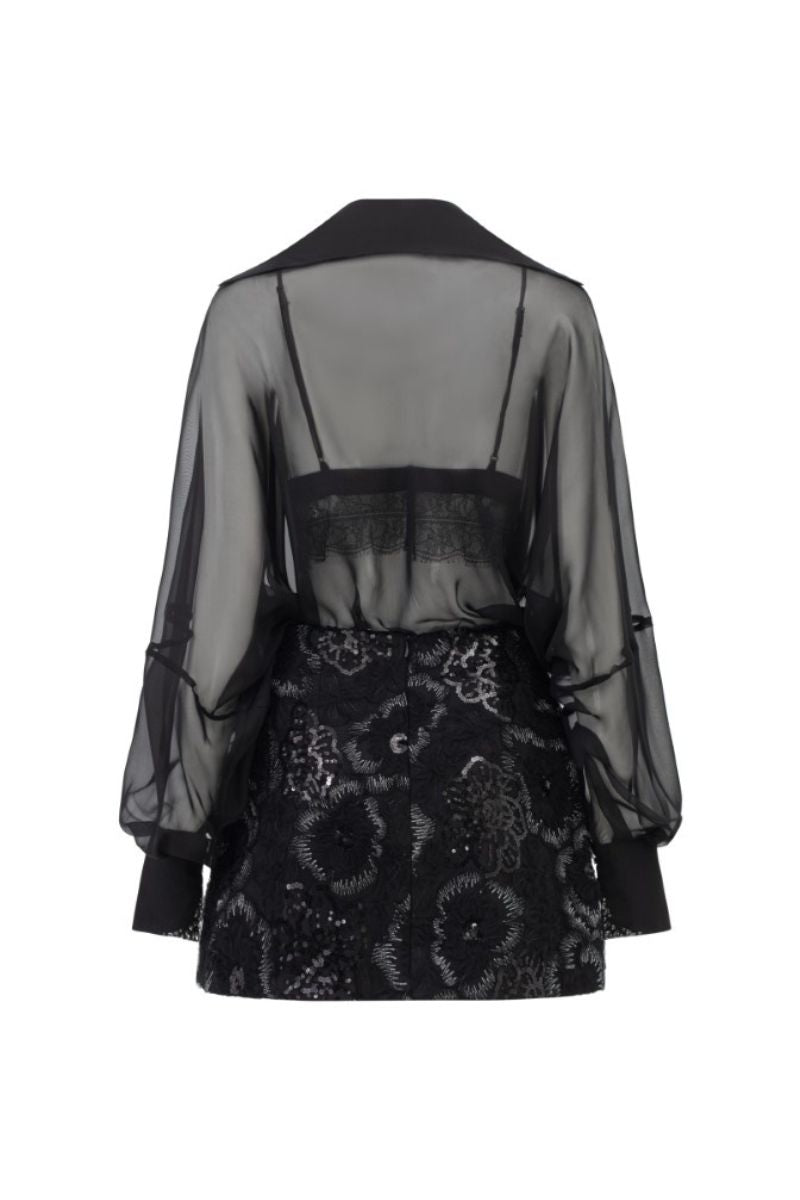 EDANA BLACK SILK PLEATED TOP AND SKIRT SET