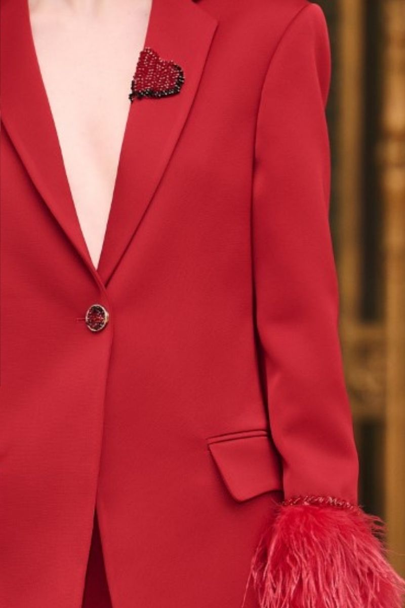 RED KELLY TAFFETA FEATHER SUIT JACKET AND PANTS SET