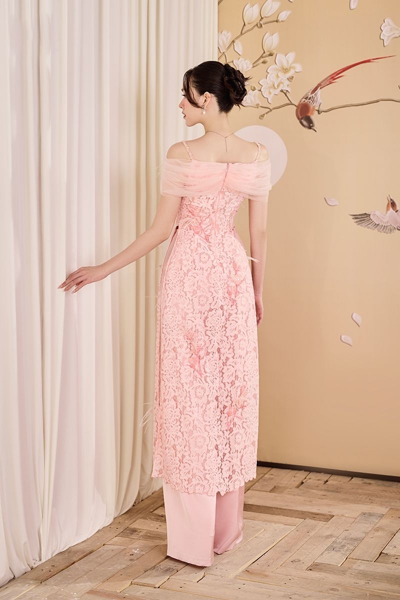 PINK LACE AO DAI CO-ORD WITH FEATHERS