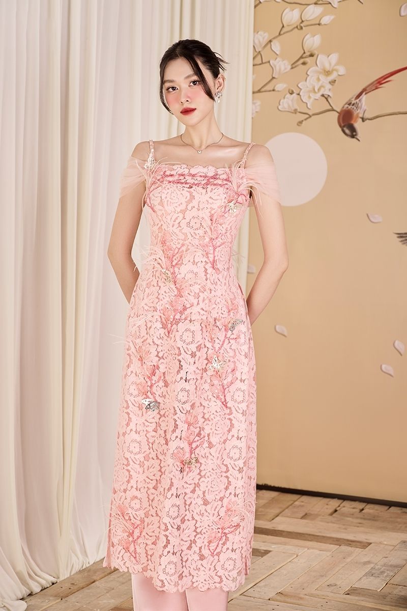PINK LACE AO DAI CO-ORD WITH FEATHERS