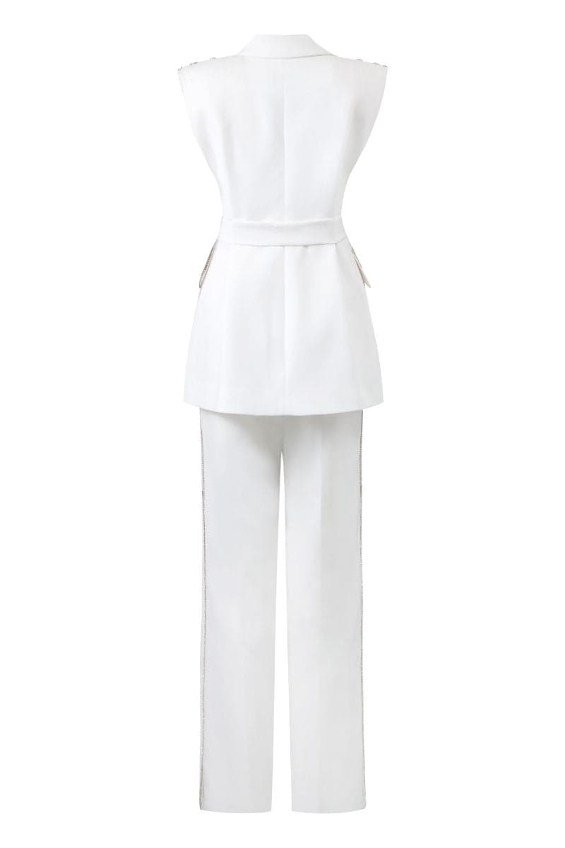 ALIVIA WHITE TEXTURE SLEEVELESS BLAZER AND PANTS SET