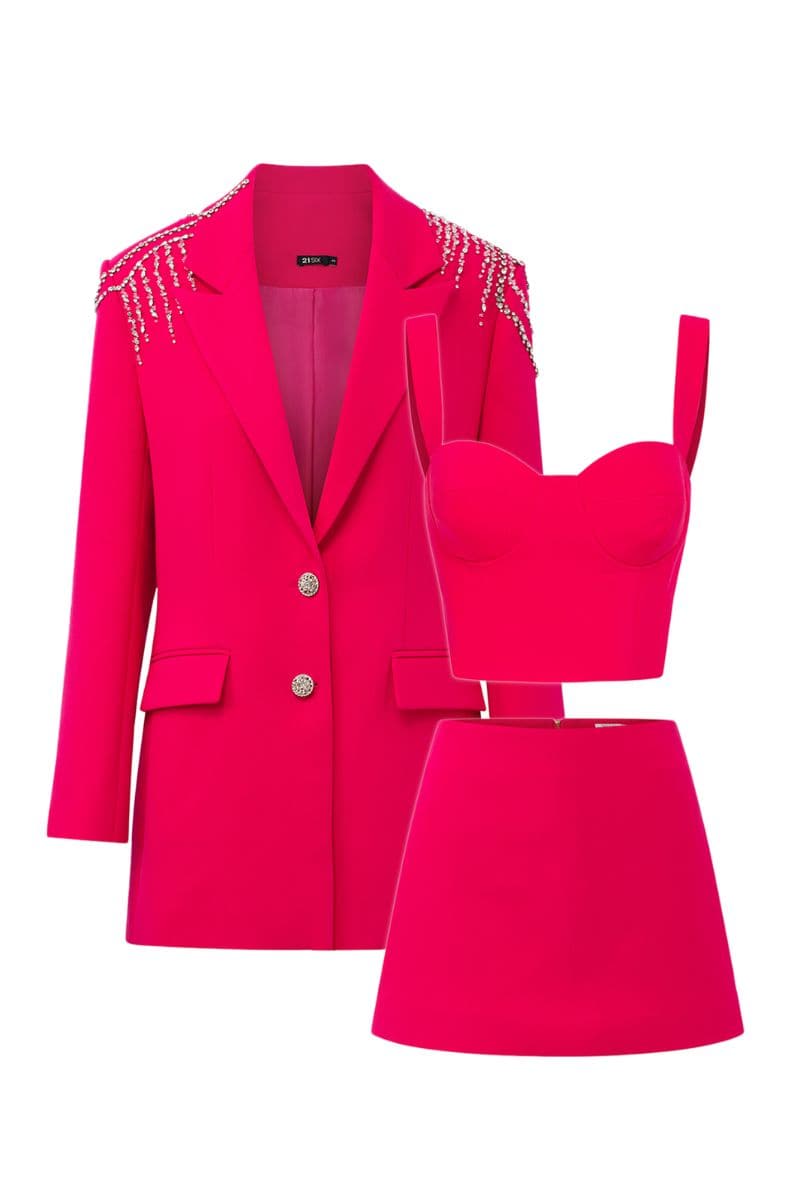 STEPHANIE PINK TEXTURE STRAIGHT CRYSTAL BLAZER SET