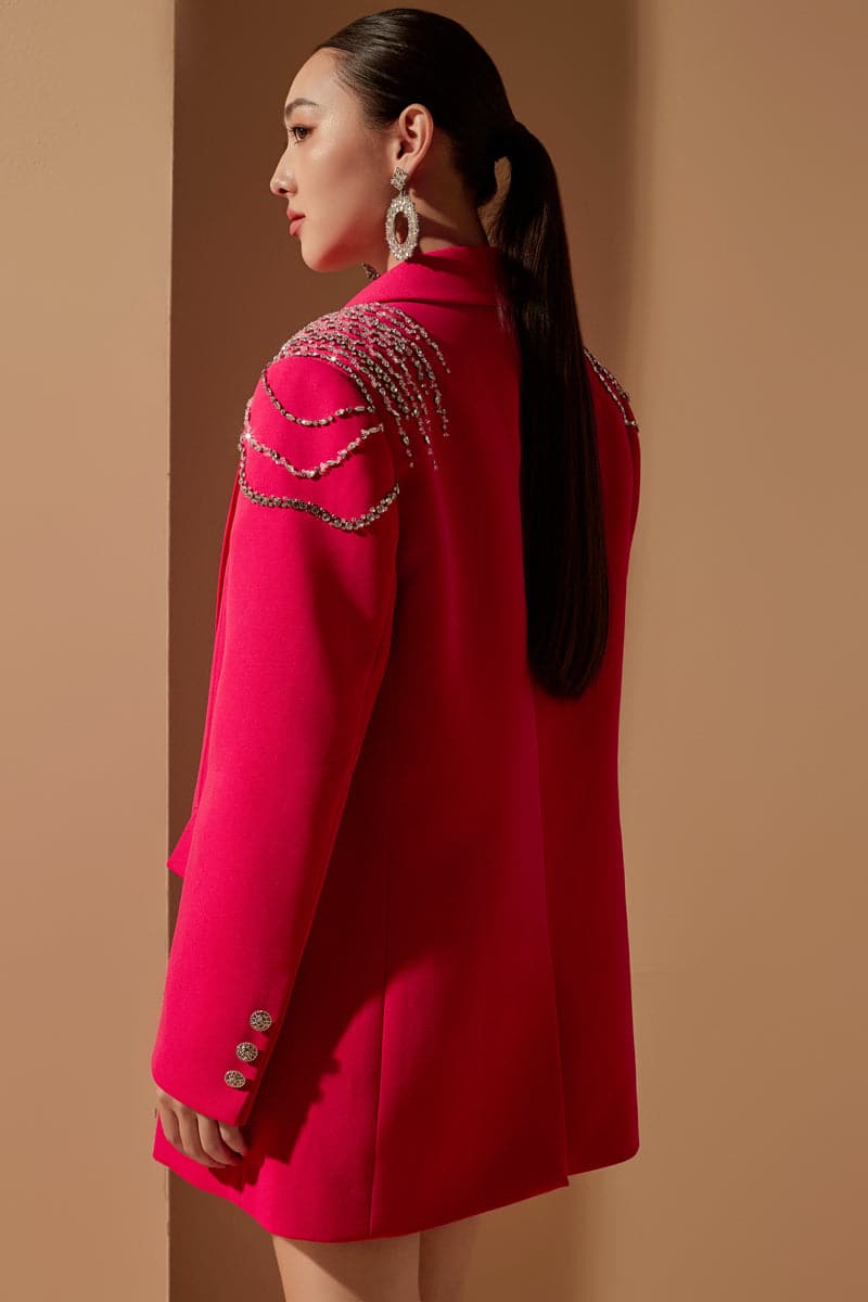 STEPHANIE PINK TEXTURE STRAIGHT CRYSTAL BLAZER SET