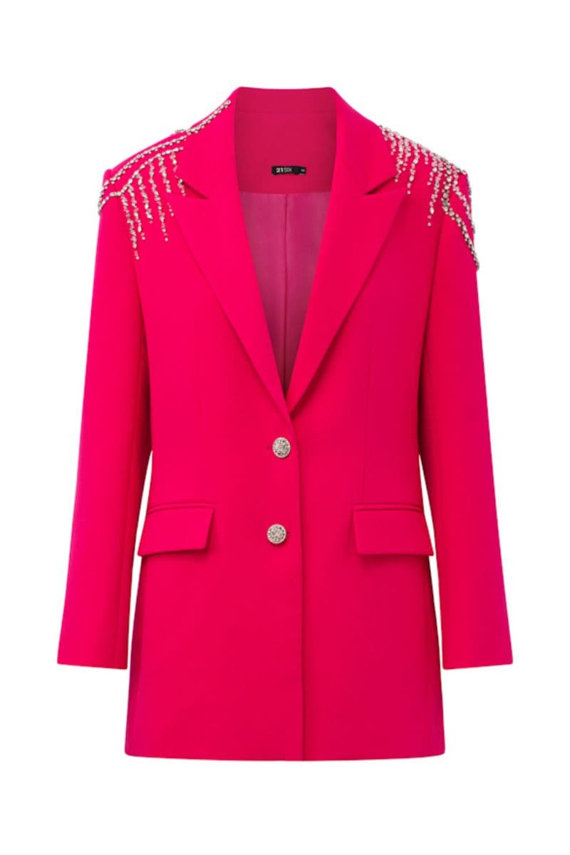 STEPHANIE PINK TEXTURE STRAIGHT CRYSTAL BLAZER SET