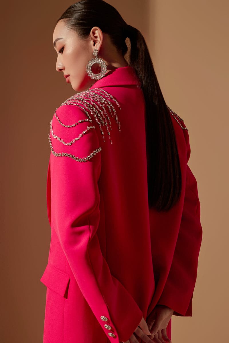 STEPHANIE PINK TEXTURE STRAIGHT CRYSTAL BLAZER SET