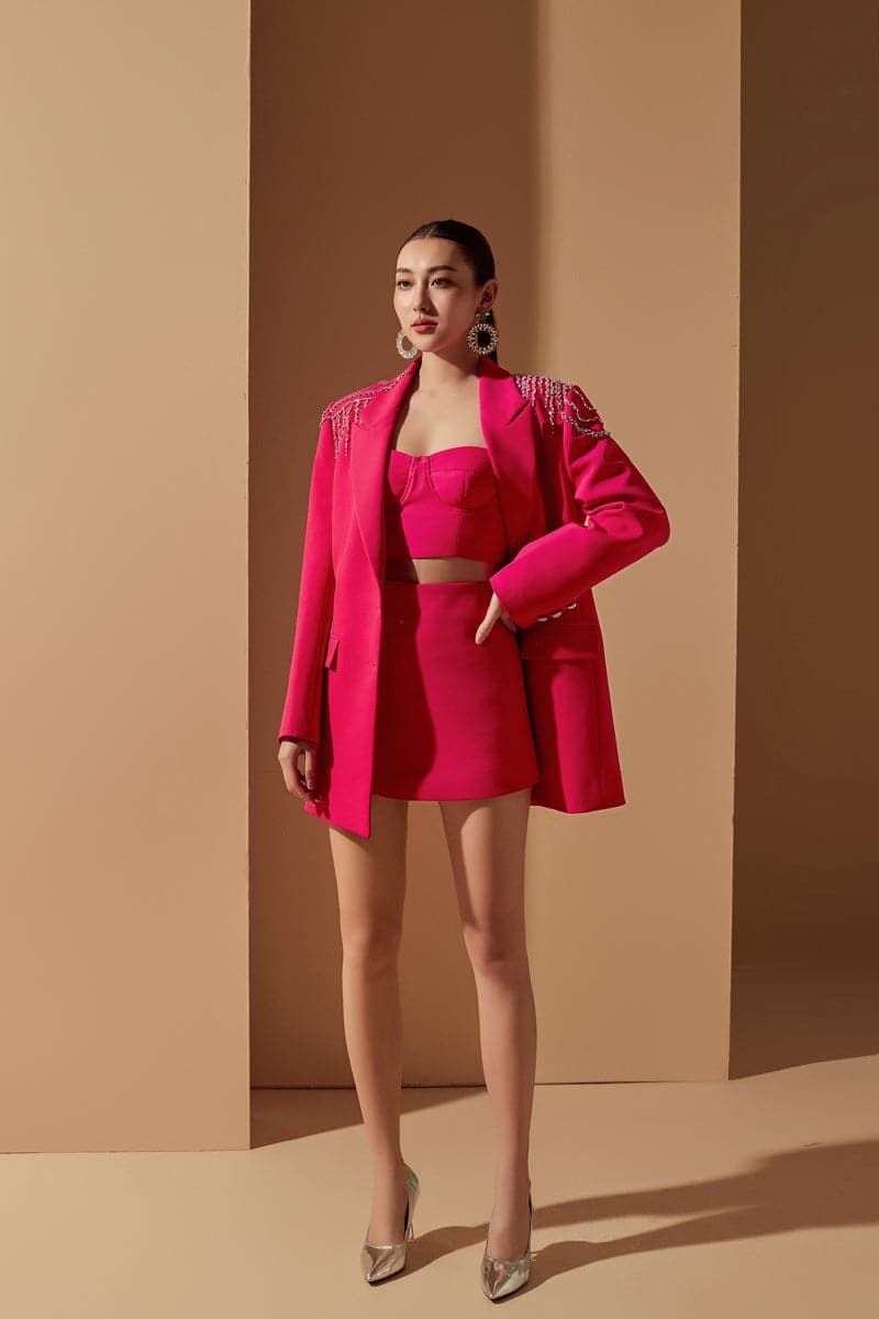 STEPHANIE PINK TEXTURE STRAIGHT CRYSTAL BLAZER SET