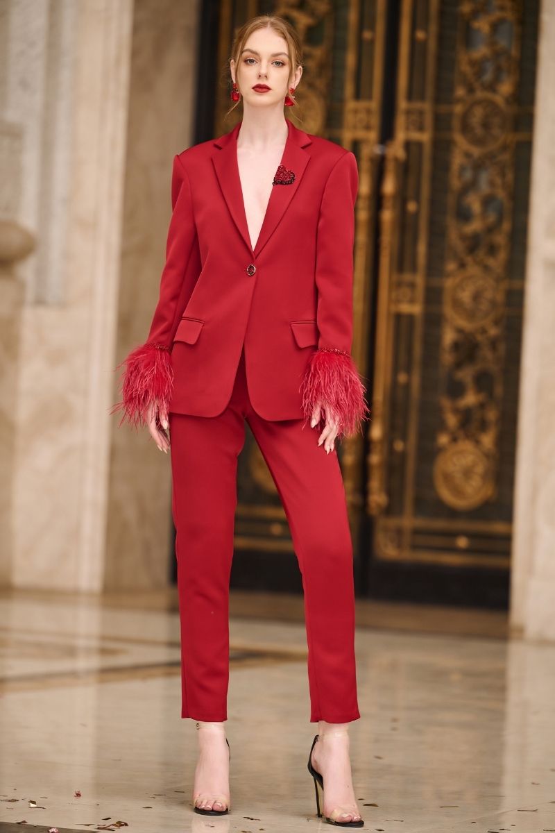 RED KELLY TAFFETA FEATHER SUIT JACKET AND PANTS SET