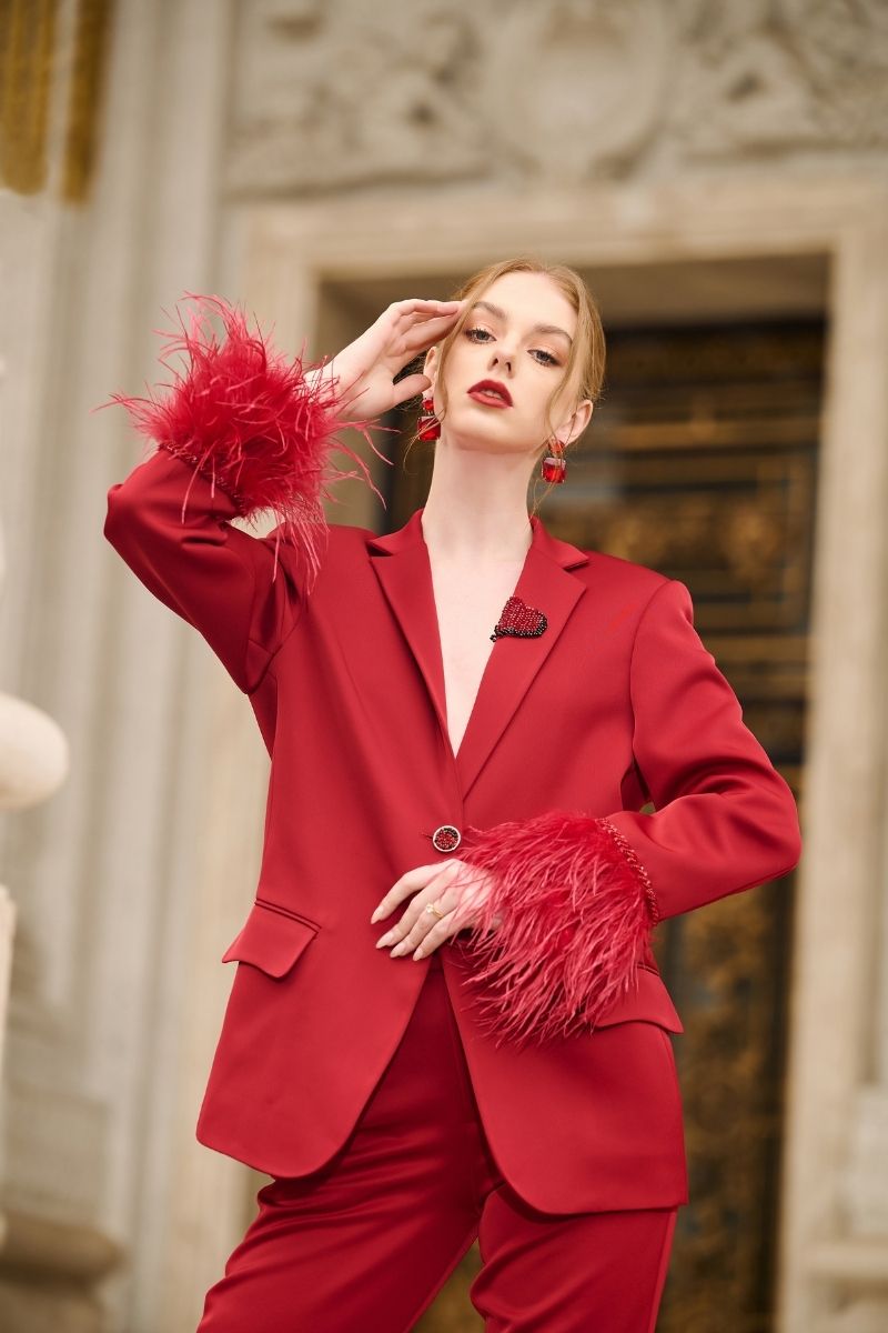 RED KELLY TAFFETA FEATHER SUIT JACKET AND PANTS SET