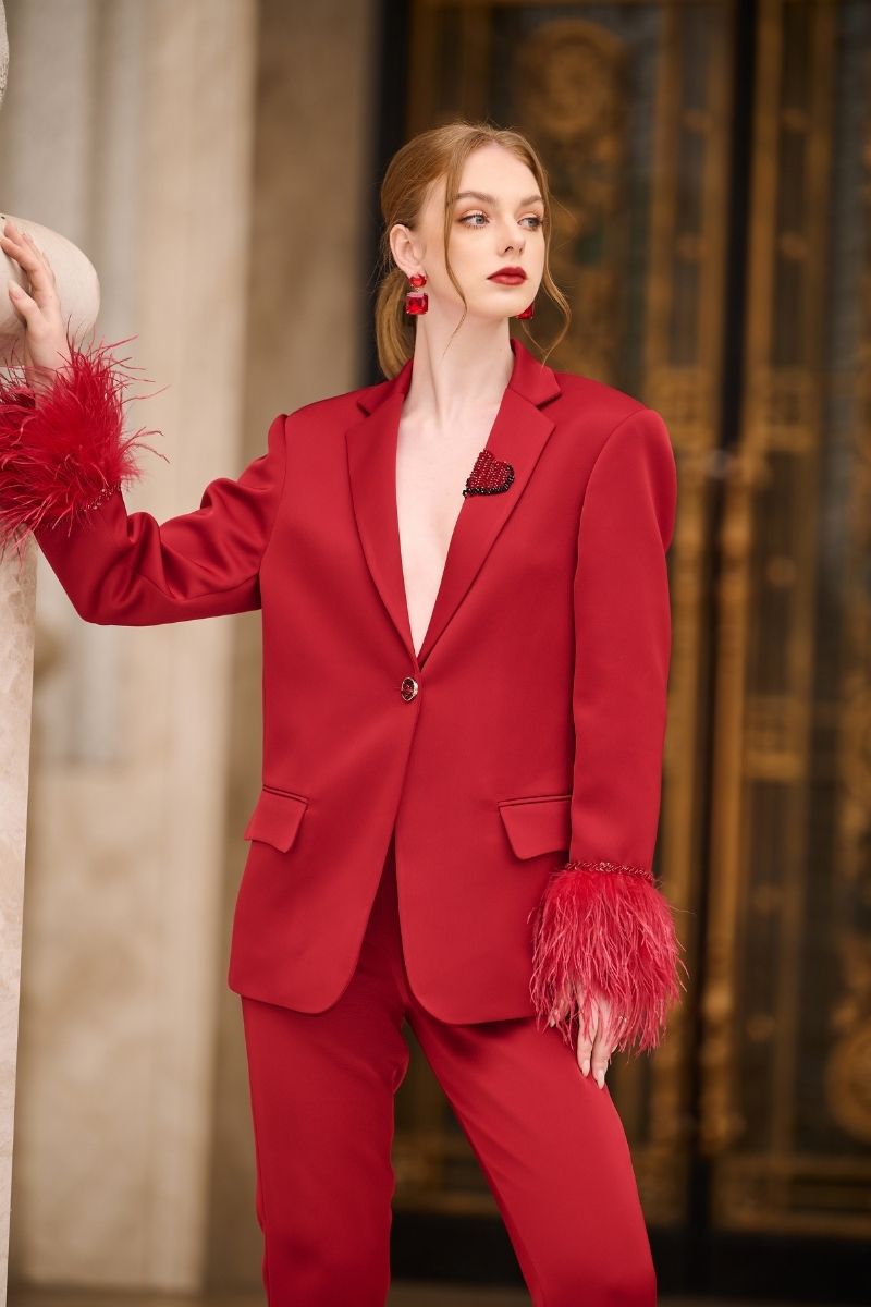 RED KELLY TAFFETA FEATHER SUIT JACKET AND PANTS SET