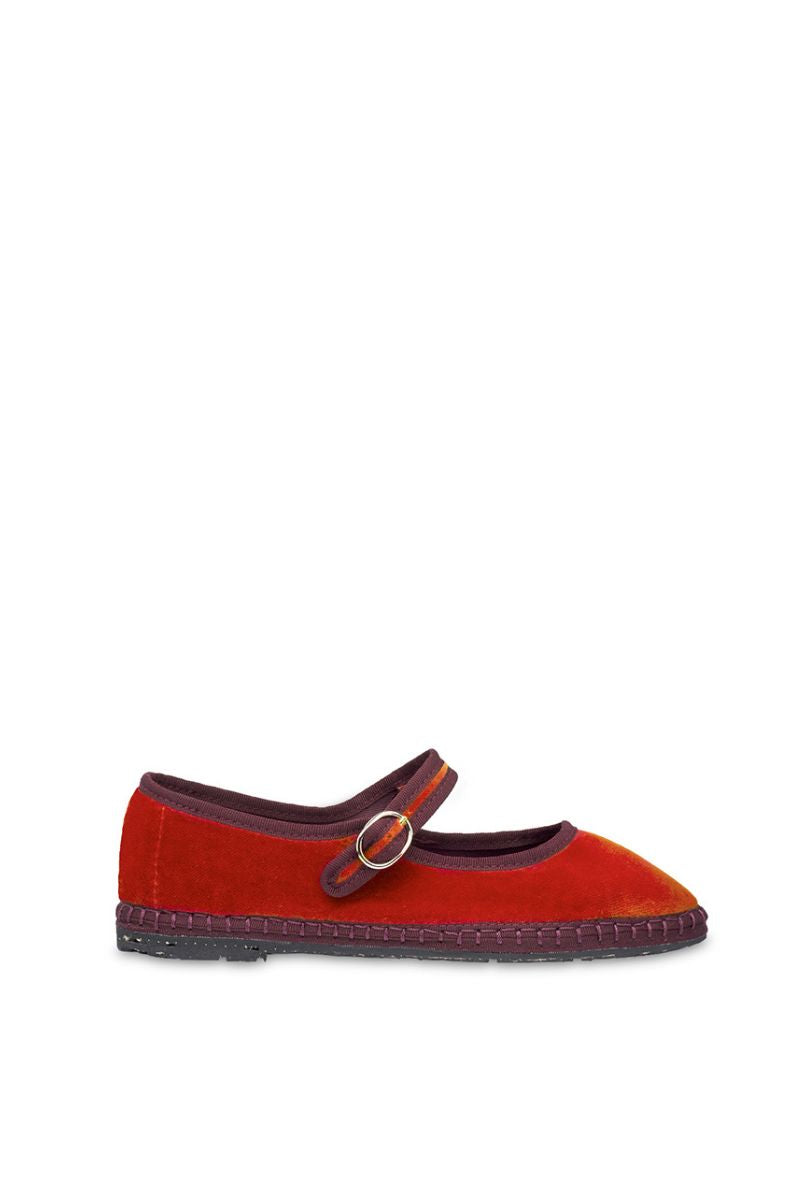 MARGARET MARY JANE VELVET IN RED ORANGE WITH BURGUNDY PIPING