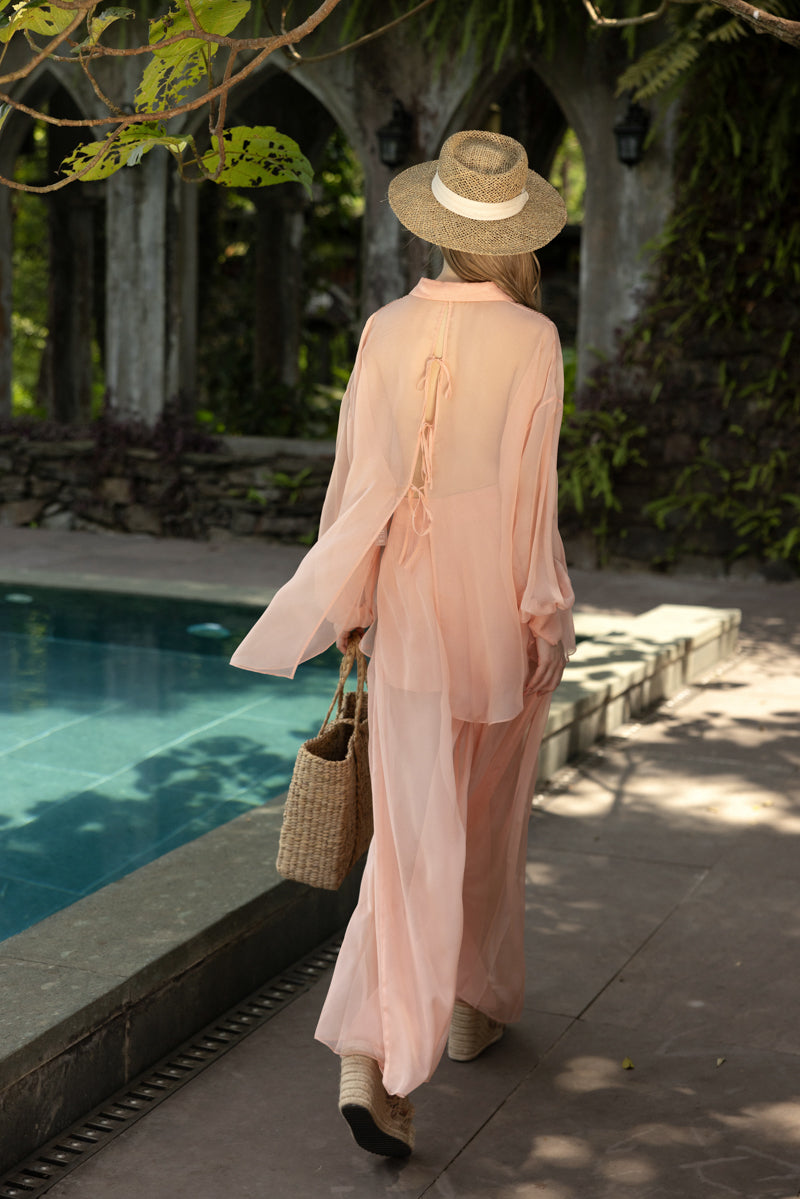 MELITA PEACH FUZZ SILK PLEATED SHIRT AND PANTS SET