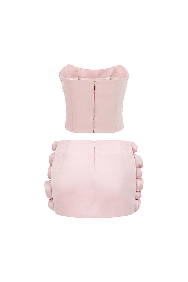 CORSET TOP AND EMBROIDERED SKIRT SET IN LIGHT PINK