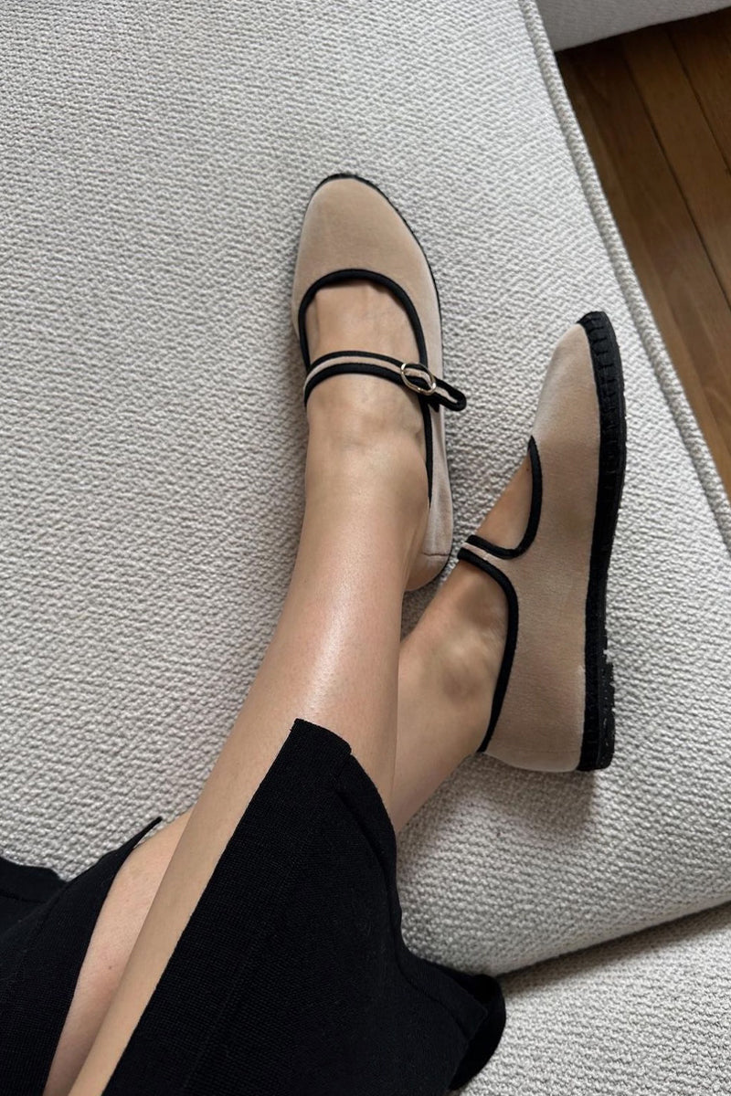THEODORA MARY JANE VELVET IN BEIGE WITH BLACK PIPING