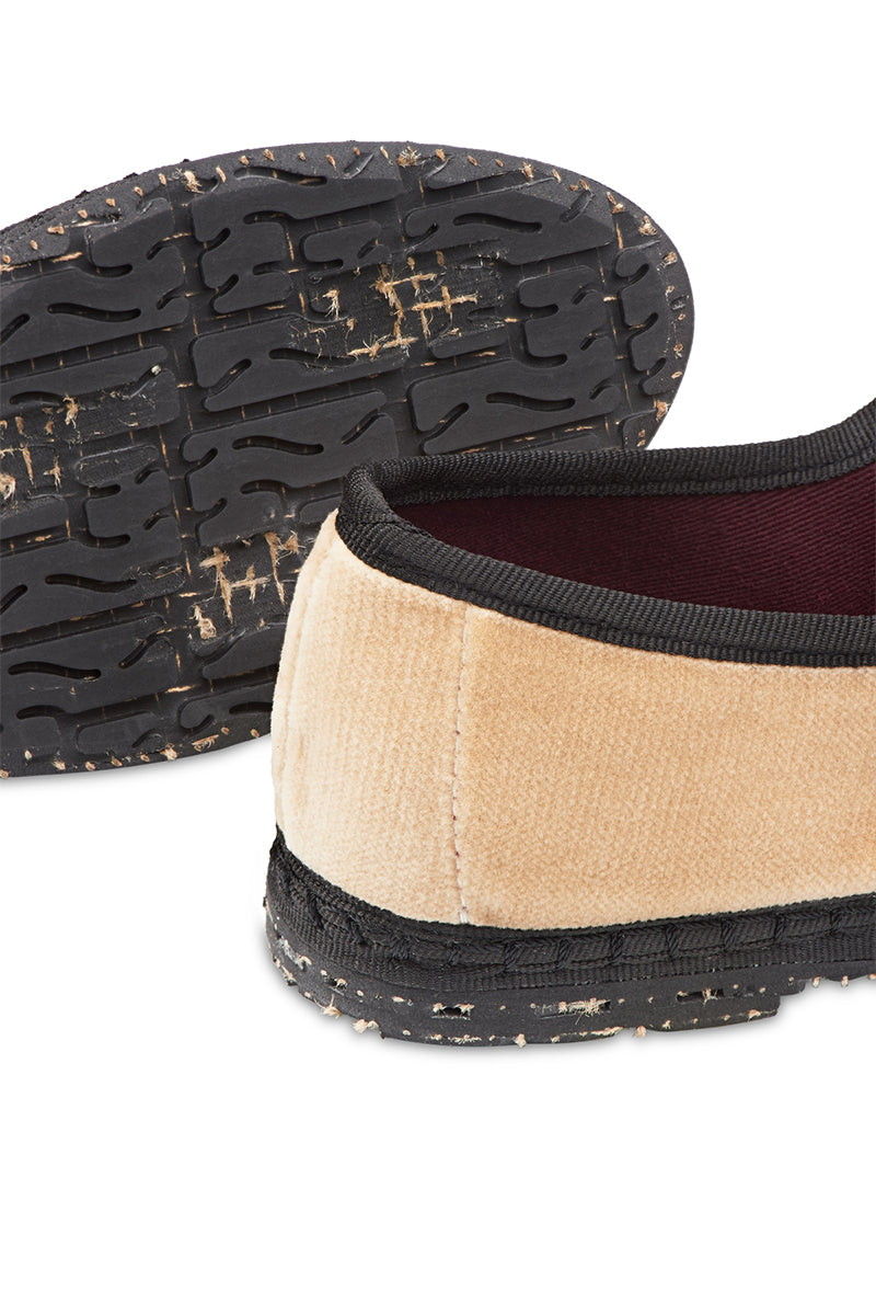 THEODORA MARY JANE VELVET IN BEIGE WITH BLACK PIPING