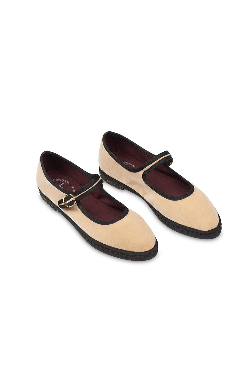 THEODORA MARY JANE VELVET IN BEIGE WITH BLACK PIPING