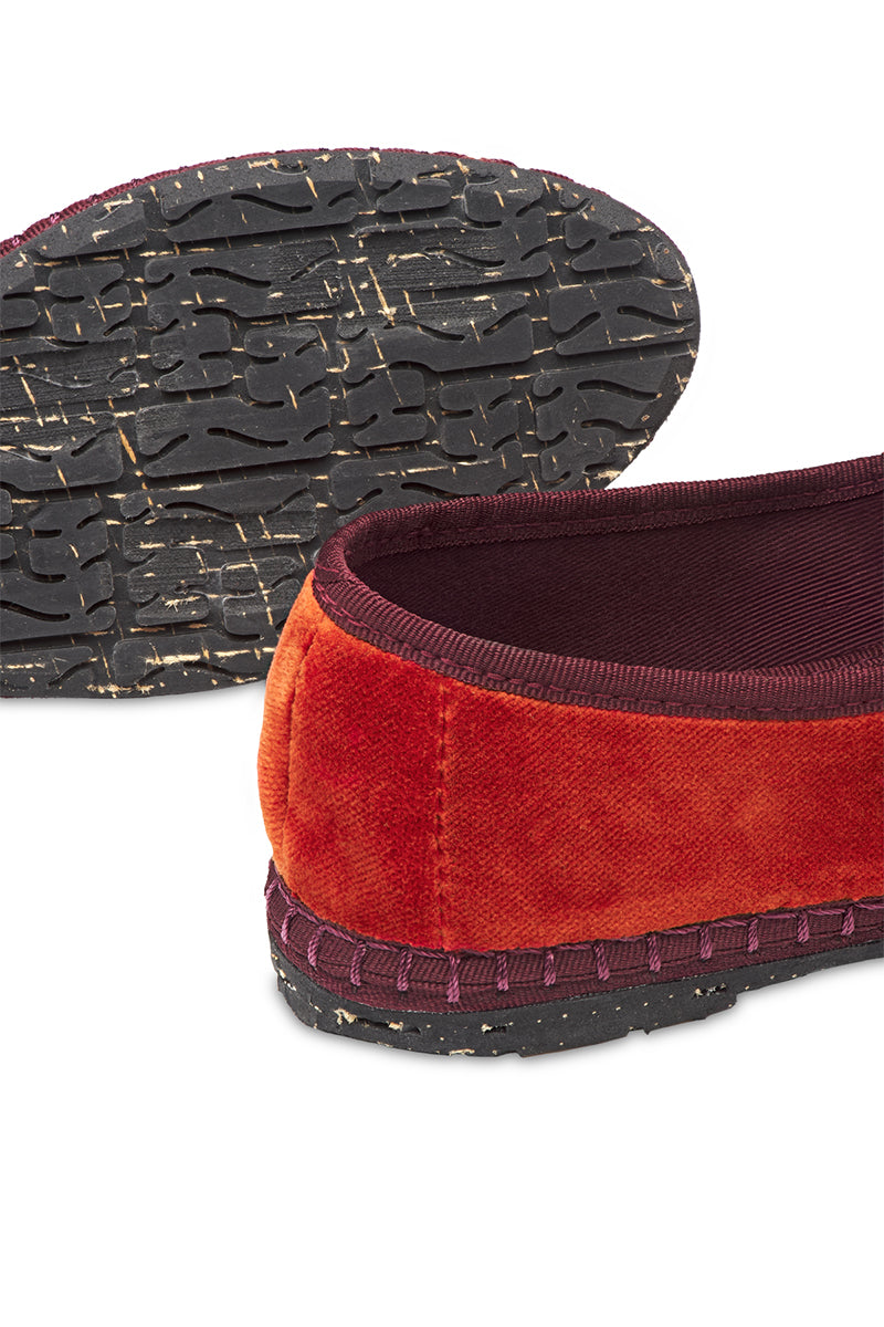MARGARET MARY JANE VELVET IN RED ORANGE WITH BURGUNDY PIPING