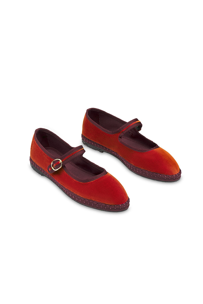 MARGARET MARY JANE VELVET IN RED ORANGE WITH BURGUNDY PIPING