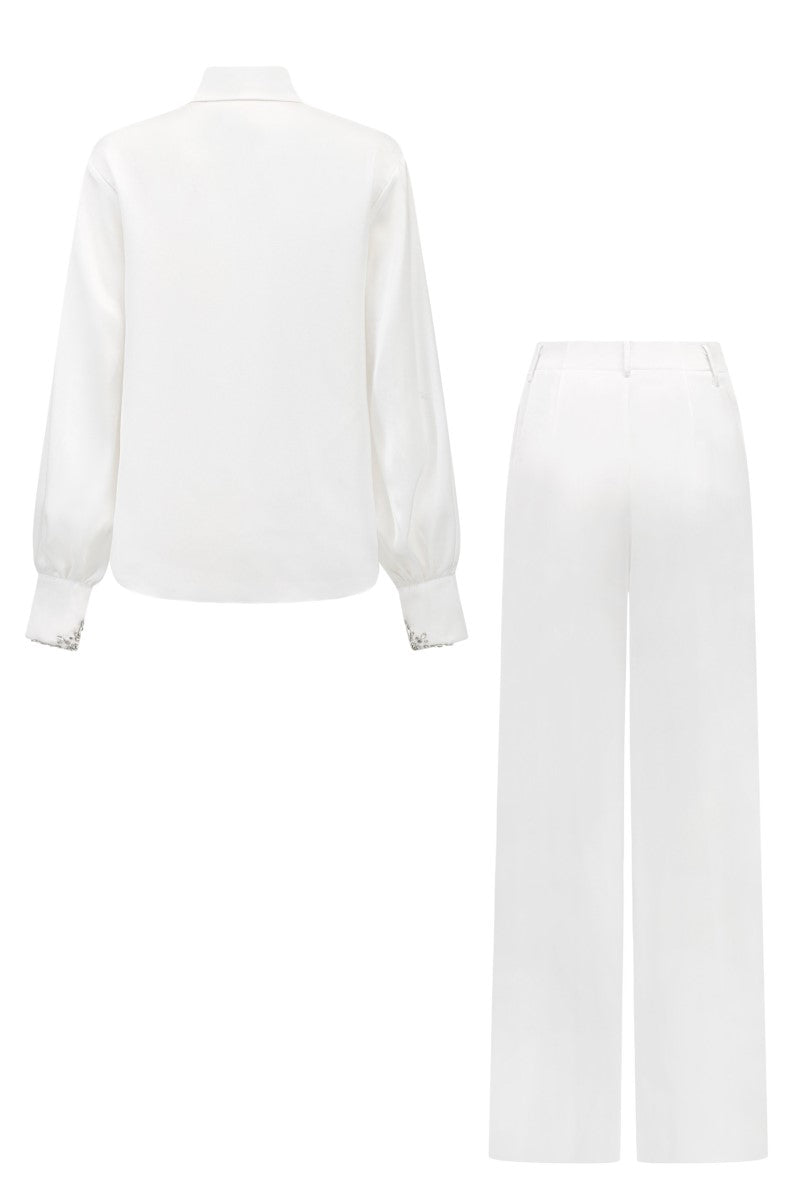 FARAH WHITE SILK SATIN CRYSTAL SHIRT AND PANTS SET