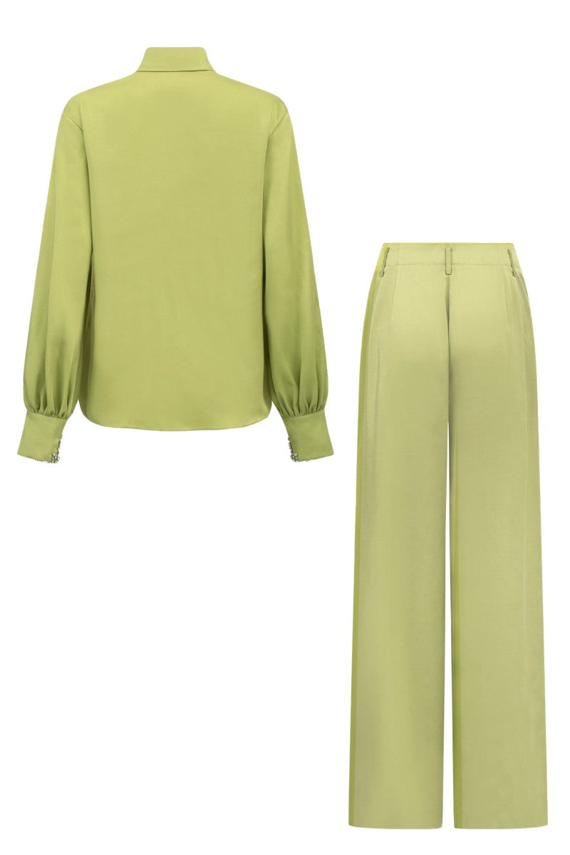 FARAH LIME GREEN SILK SATIN CRYSTAL SHIRT AND PANTS SET