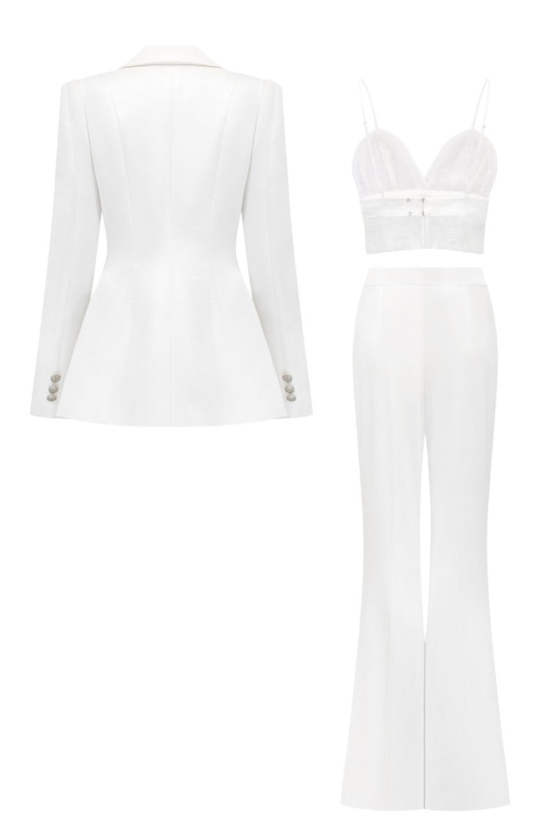 FIDELIA WHITE TAFFETA SLIM FIT THREE PIECE SET