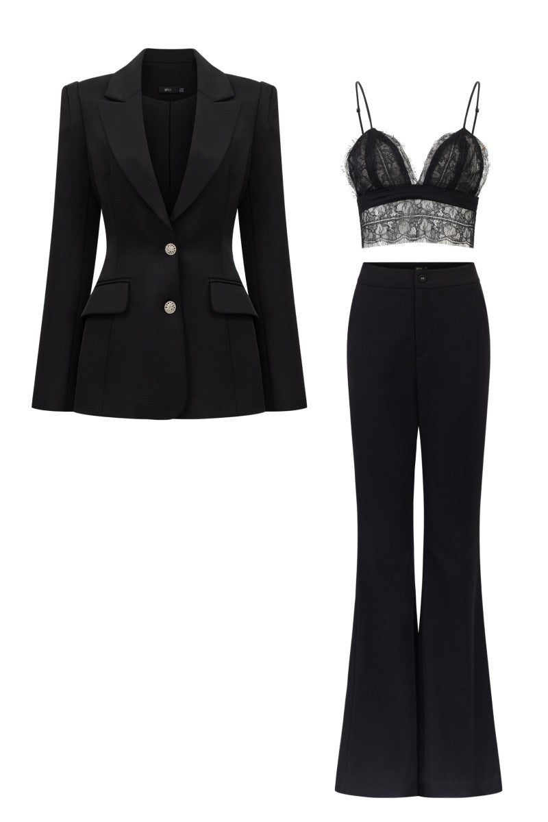 FIDELIA BLACK TAFFETA SLIM FIT THREE PIECE SET