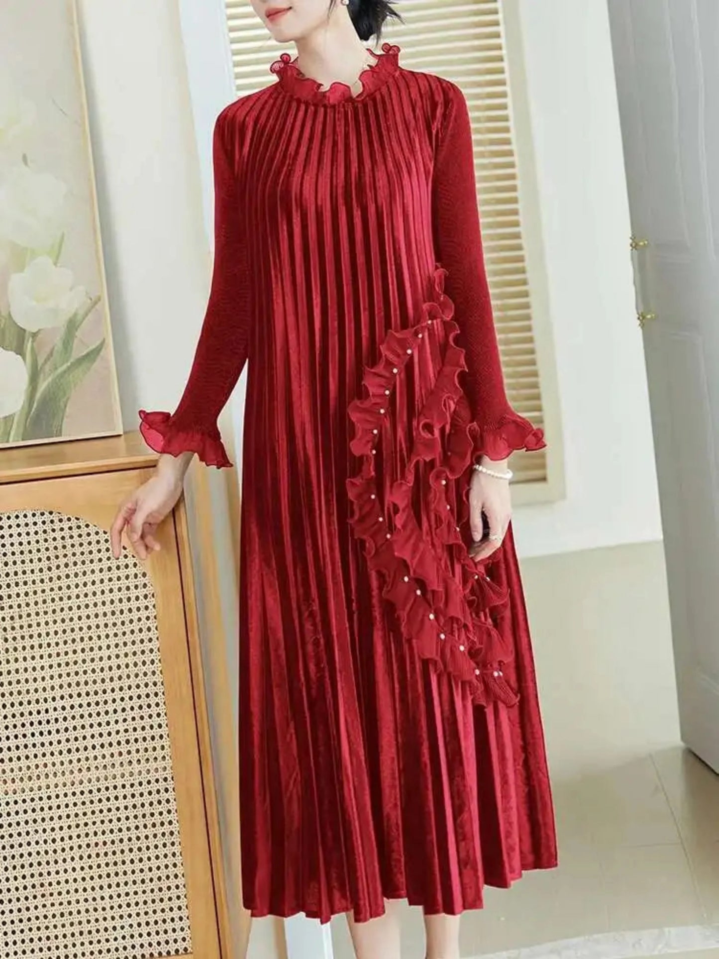 Truly Plissé Beaded Ruffle Dress