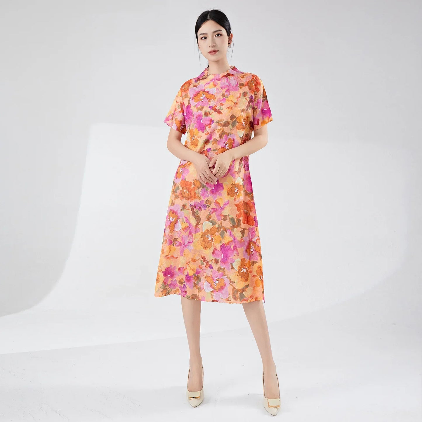 Floral Plisse Short Sleeve Dress
