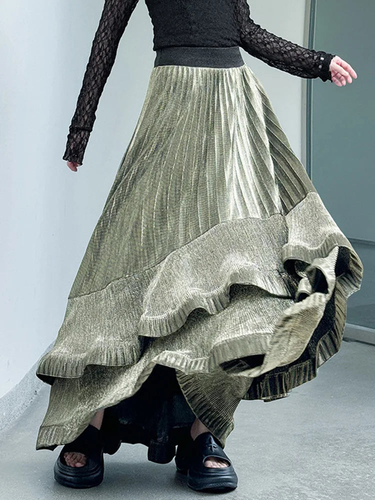 Metallic Asymmetric Pleated Skirt