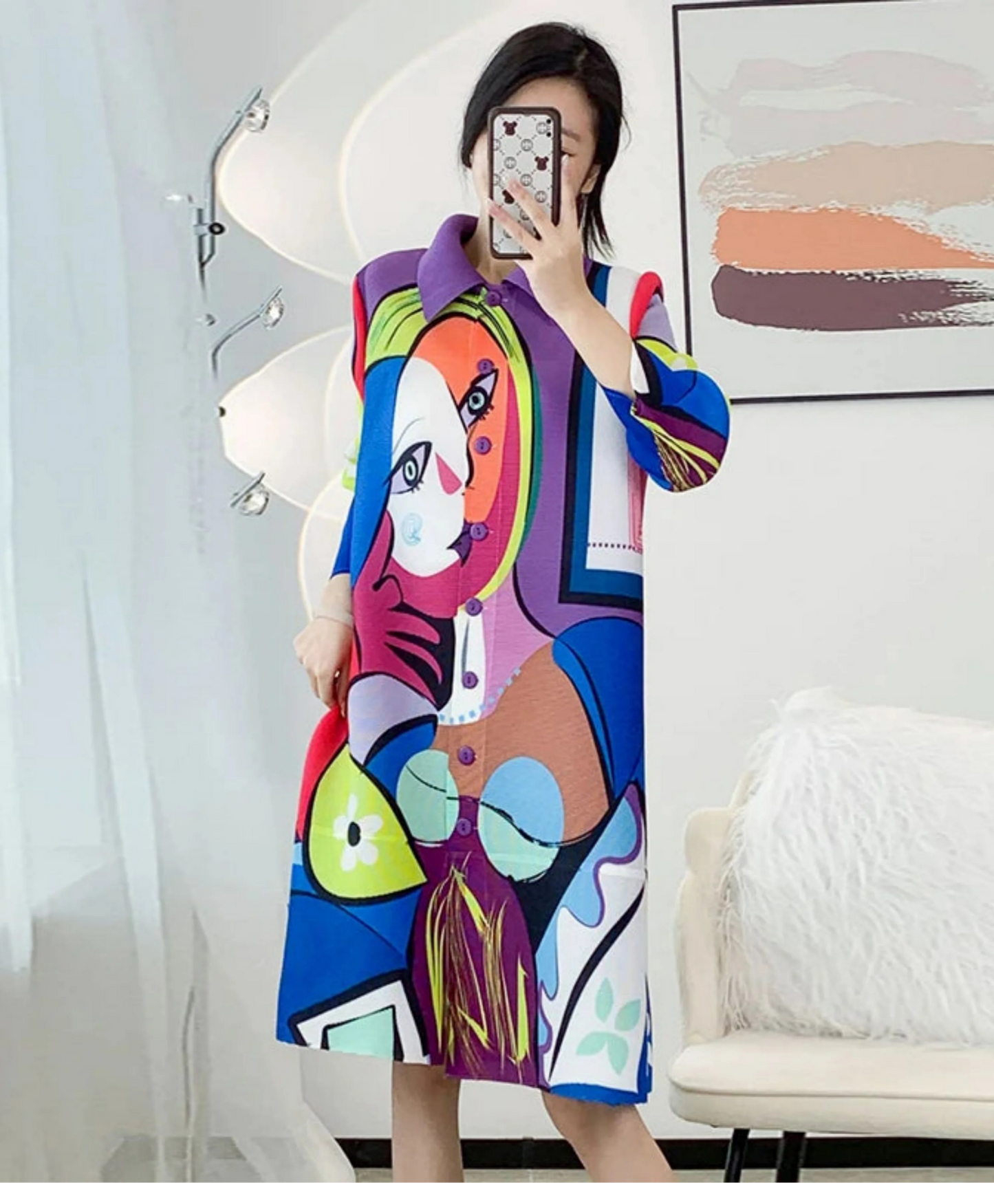 Luxury Abstract Face Plissé Dress