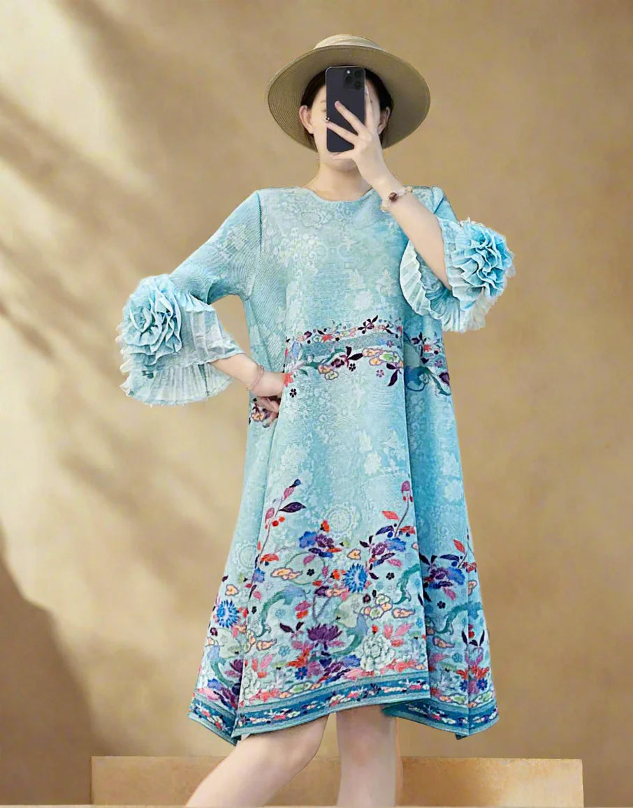 Luxe Plissé Floral Ruffle Dress