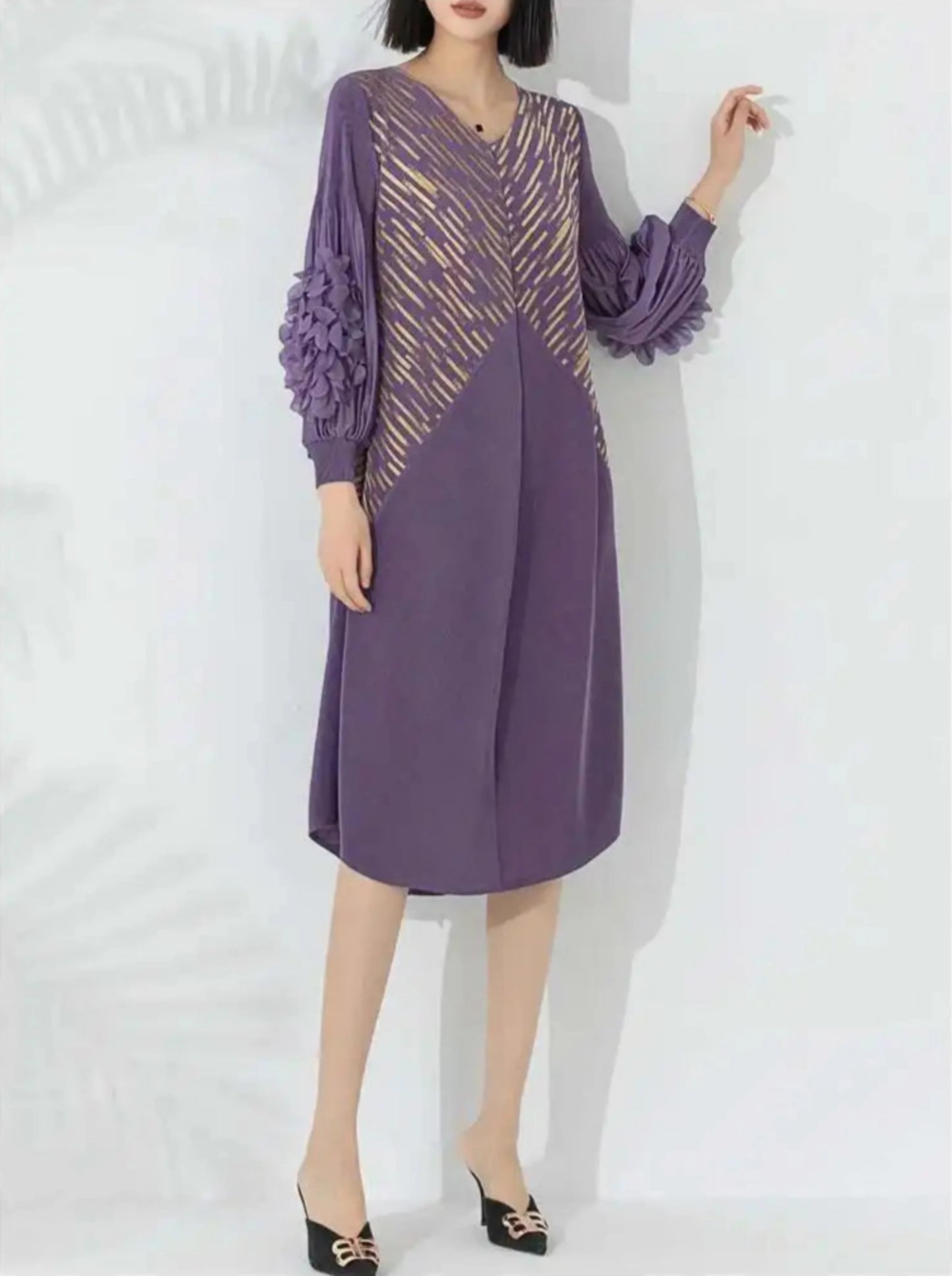 Luxury Plissé Floral Sleeve Dress