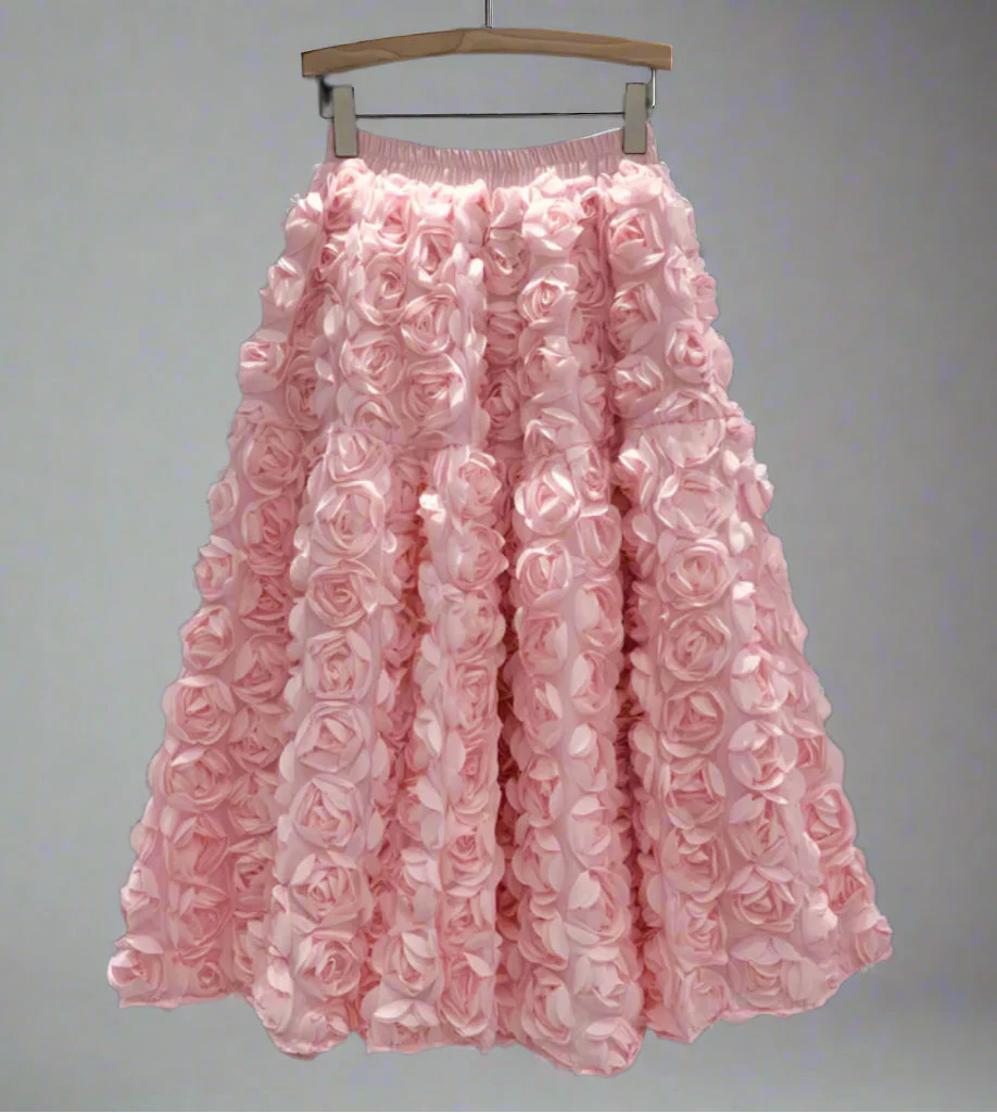 Rose Tulle Romantic Flared Midi Skirt