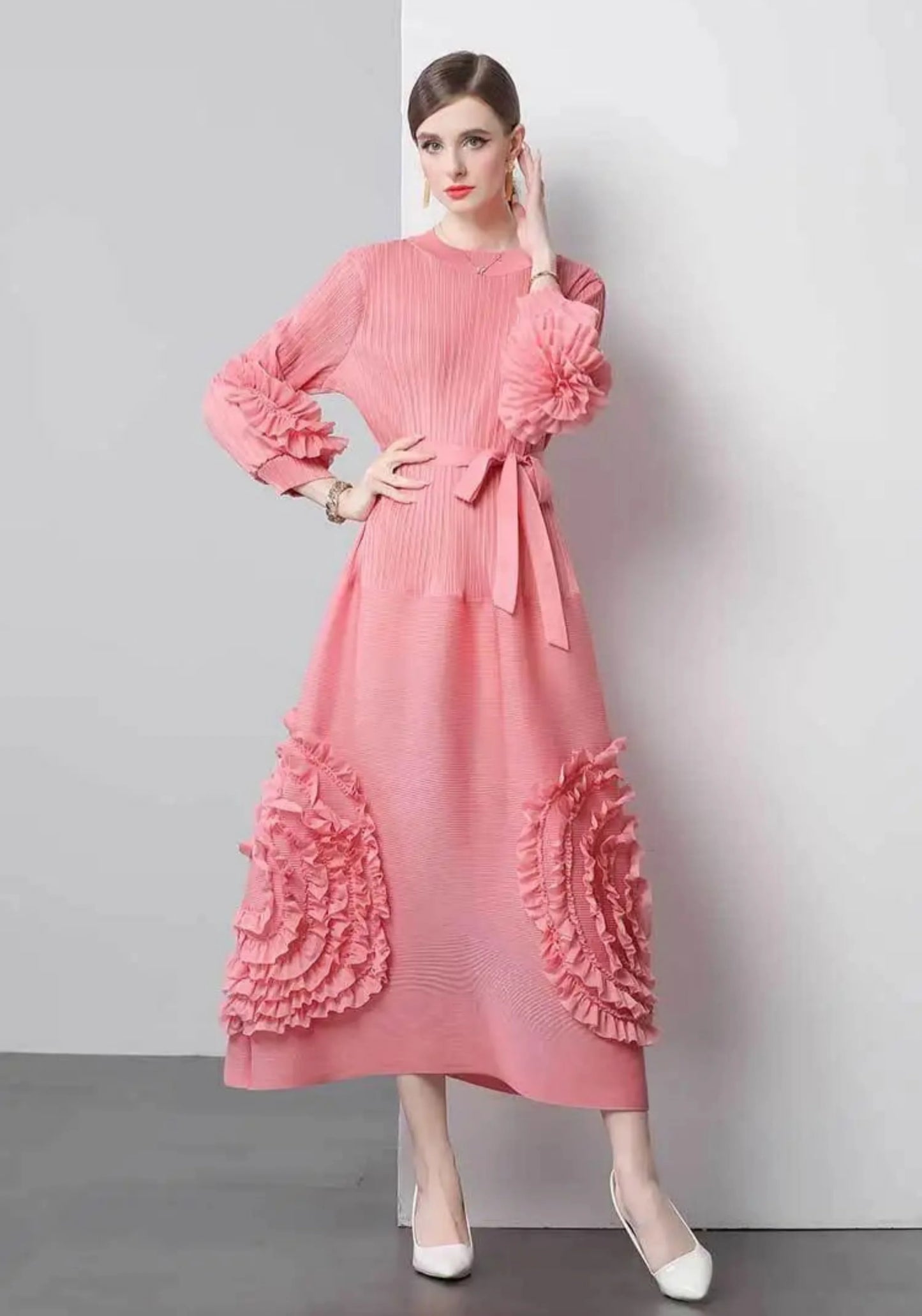 Plisse Floral Bubble Sleeve Dress