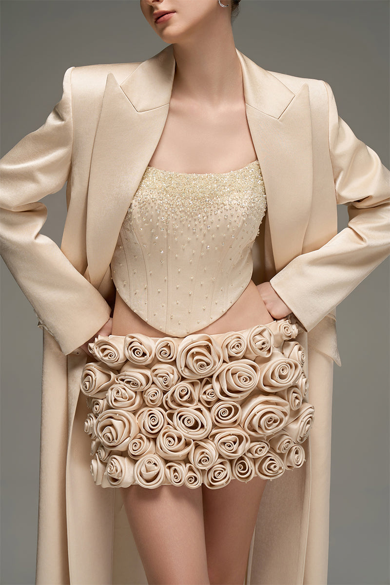 CORSET TOP AND EMBROIDERED SKIRT SET IN BEIGE