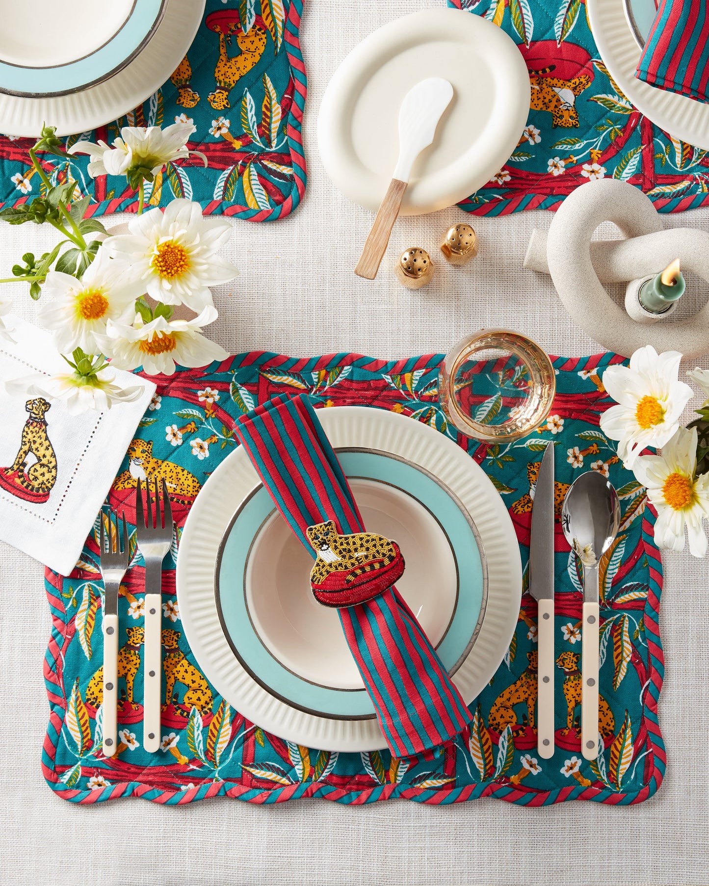 Royal Cheetah - Quilted Scalloped Placemat Set - Ruby & Jade