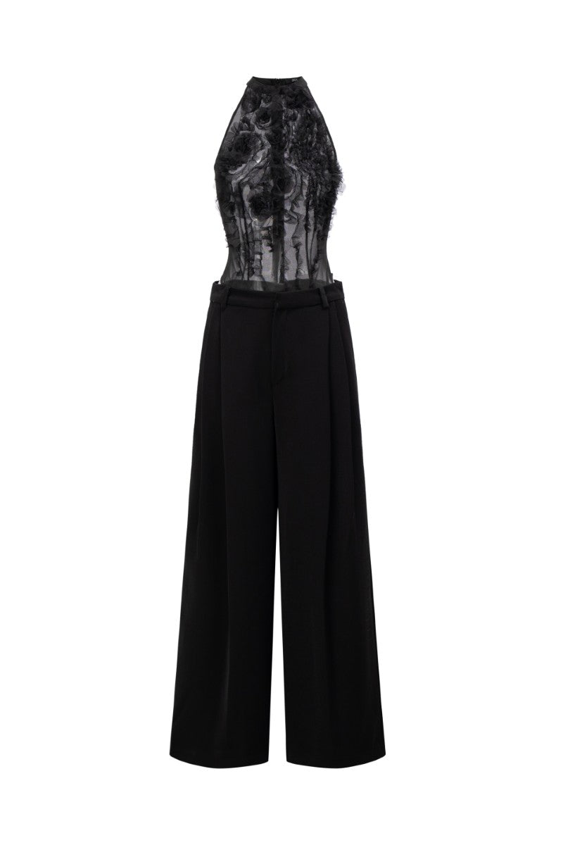 JAMBARI TULLE RUFFLES TOP & MAJMAT CREPE STRAIGHT PANTS IN BLACK