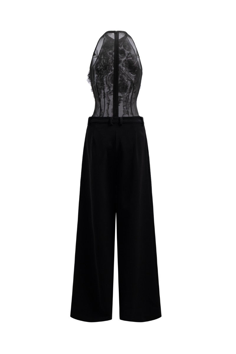 JAMBARI TULLE RUFFLES TOP & MAJMAT CREPE STRAIGHT PANTS IN BLACK