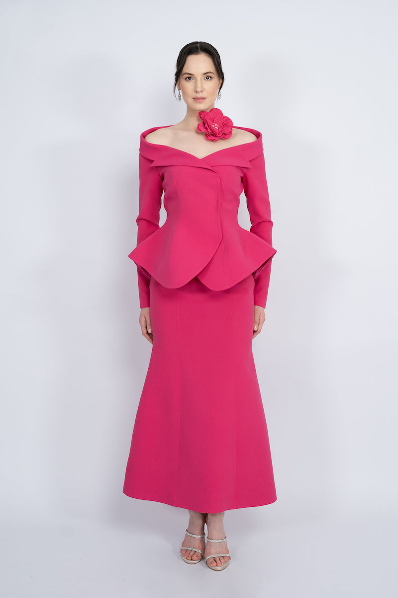 FUCHSIA TWO-PIECE HANDMADE FLORAL DETAIL MAXI SUIT