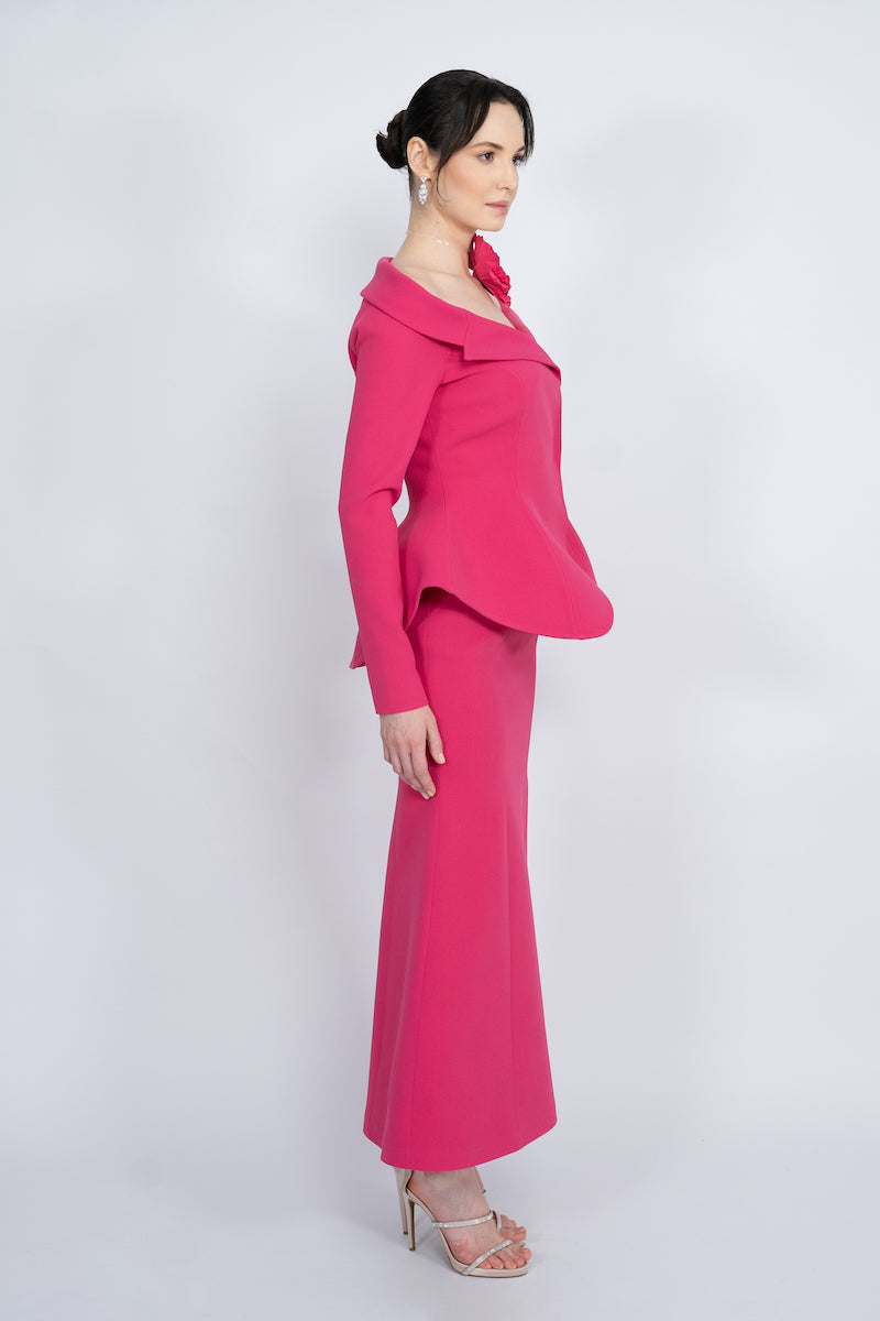 FUCHSIA TWO-PIECE HANDMADE FLORAL DETAIL MAXI SUIT