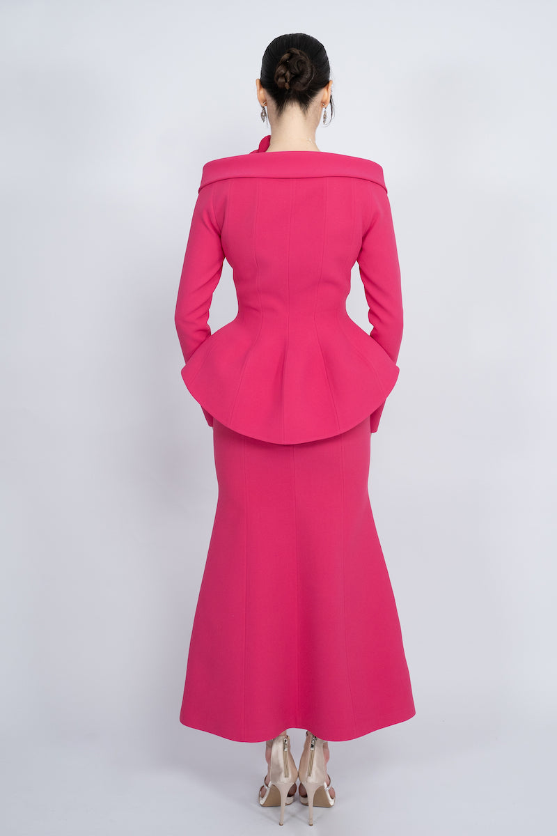 FUCHSIA TWO-PIECE HANDMADE FLORAL DETAIL MAXI SUIT
