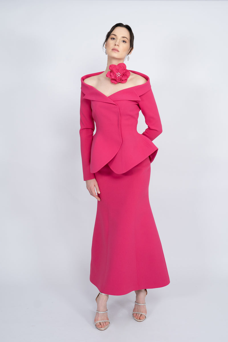 FUCHSIA TWO-PIECE HANDMADE FLORAL DETAIL MAXI SUIT