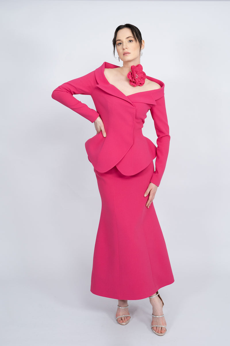 FUCHSIA TWO-PIECE HANDMADE FLORAL DETAIL MAXI SUIT