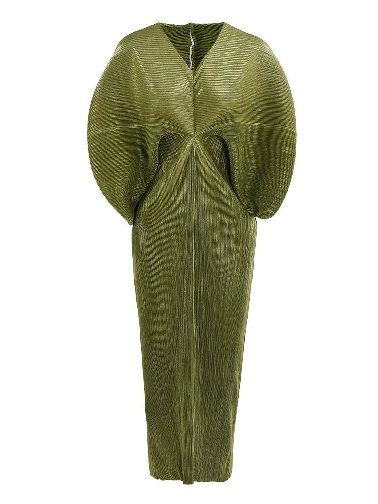 V-Neck Flutter Sleeve Pleated Midi Dress