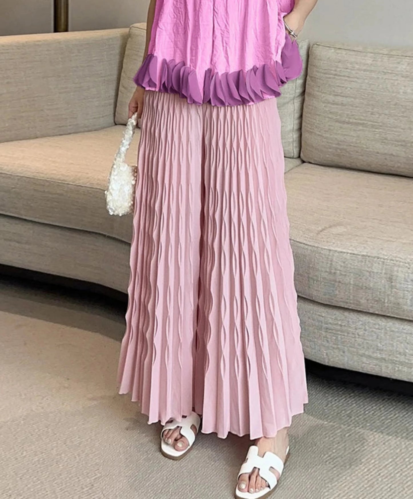 Pleated Chiffon Wide-Leg Trousers