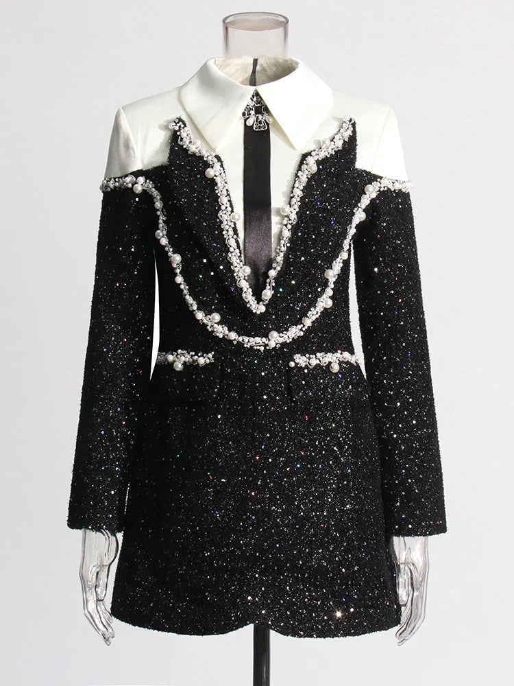 Women's Tuxedo Pearl Embellished Ultra Mini Dress